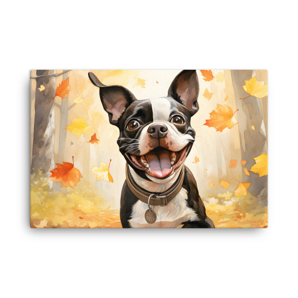 Cheerful Boston Terrier Dog Exploring A Park Watercolor Canvas