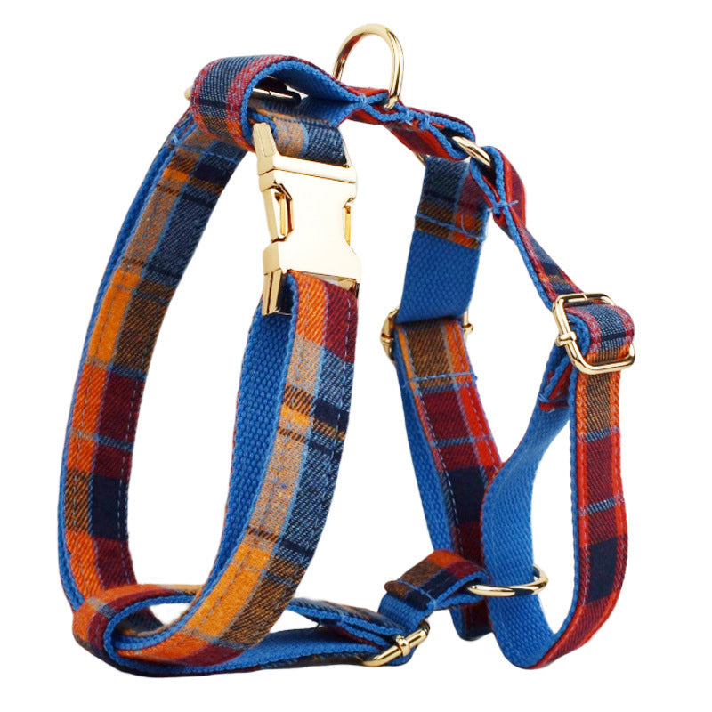 Blue Red Orange Plaid Dog Harness - Dog Collar - Dog Bow Tie - Dog Leash