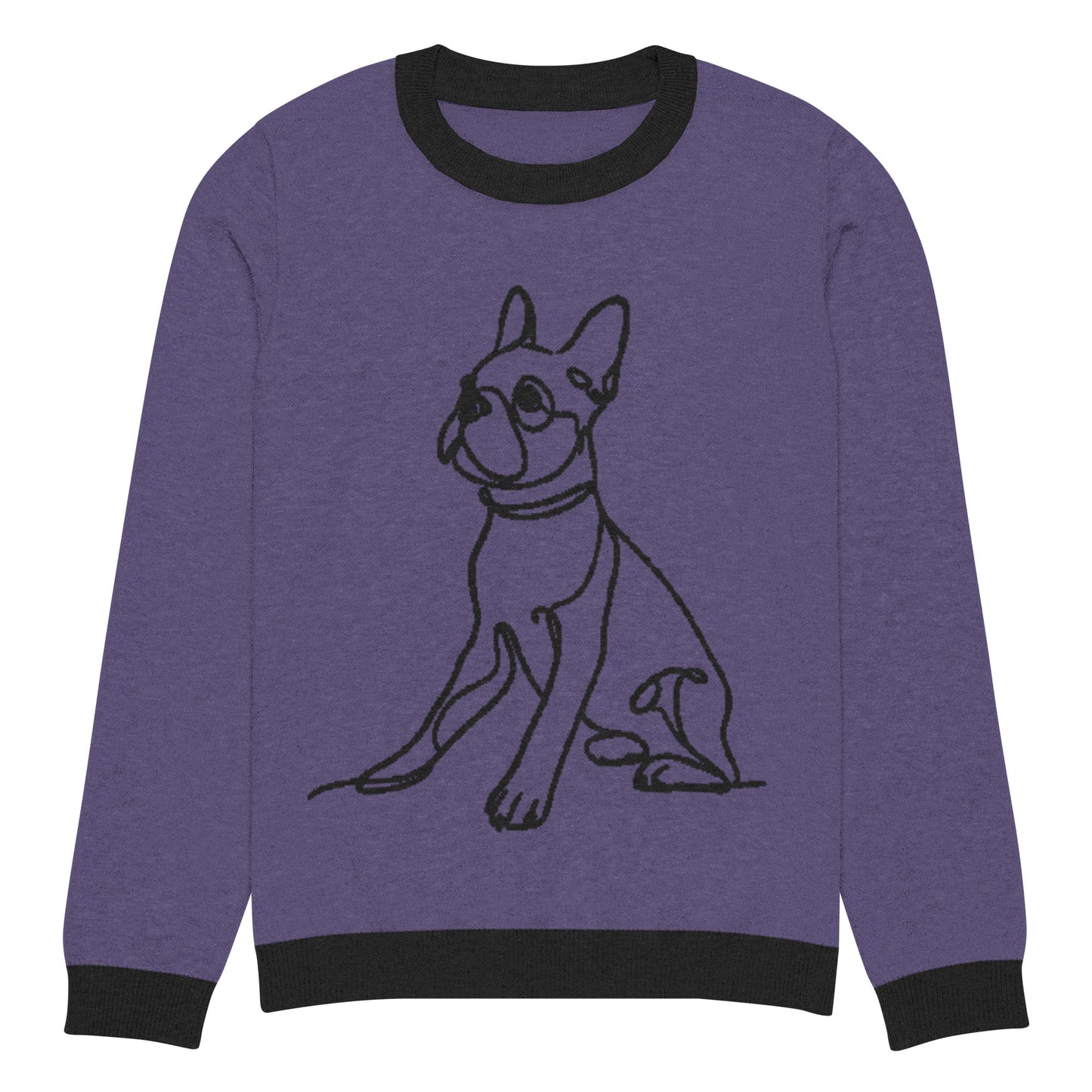 Line Drawn Boston Terrier Dog Knitted Crew Neck Sweater