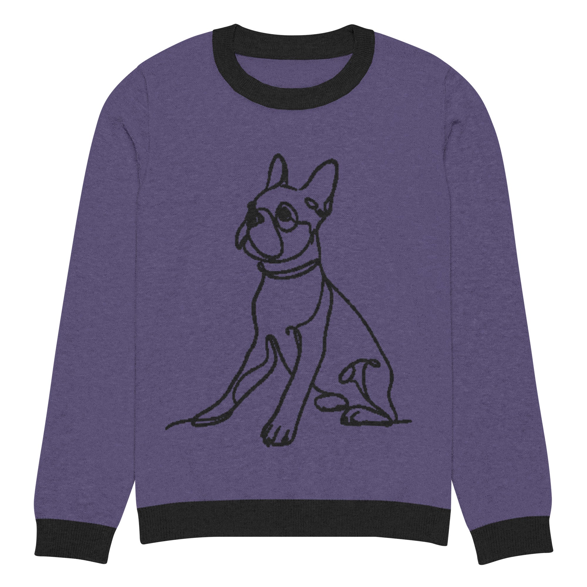 Line Drawn Boston Terrier Dog Knitted Crew Neck Sweater