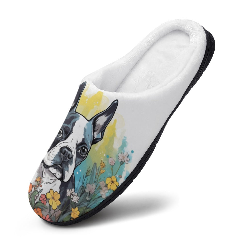 Boston Terrier Surrounded By Flowers Women's Cotton Slippers