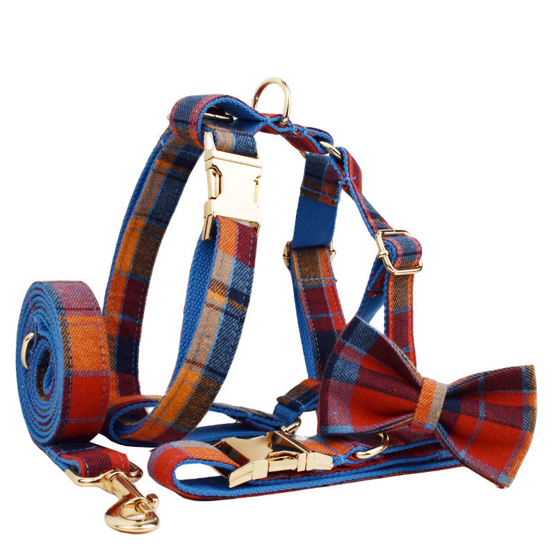 Blue Red Orange Plaid Dog Harness - Dog Collar - Dog Bow Tie - Dog Leash