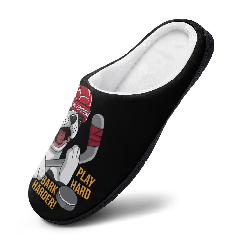 Hockey Boston Terrier Men's Cotton Slippers - Play Hard Bark Harder