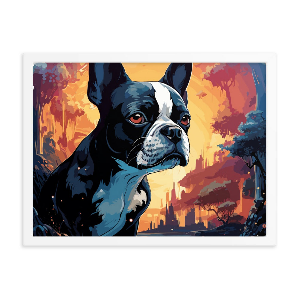 Artistic Representation Of A Boston Terrier In A Surreal Place Framed poster