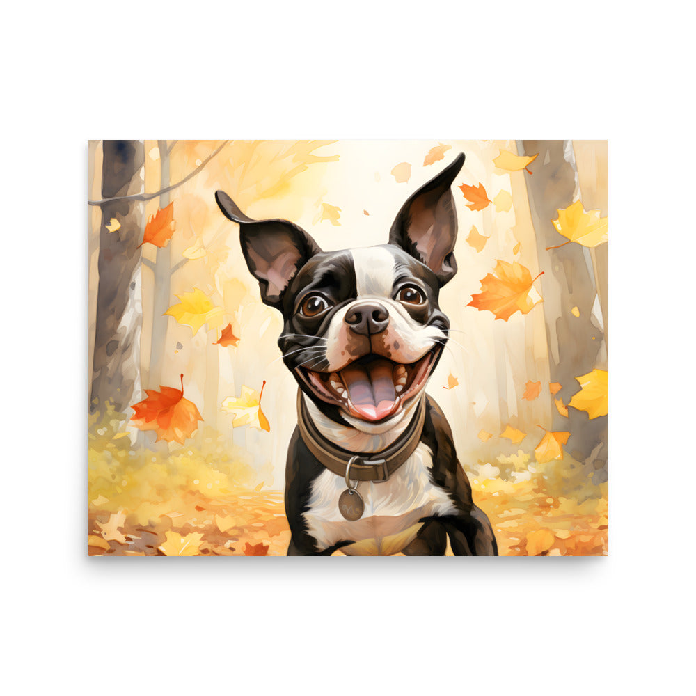 Cheerful Boston Terrier Dog Exploring A Park Watercolor Poster