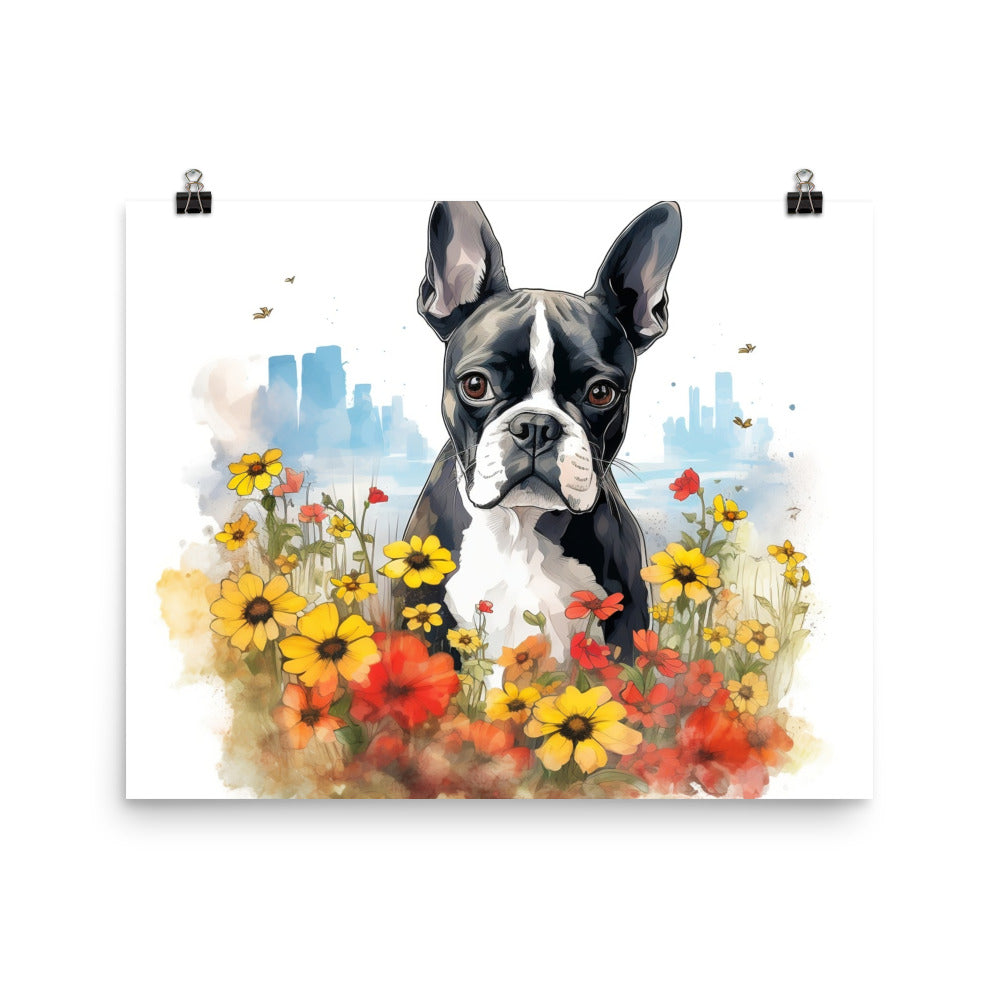 Boston Terrier Dog In A Garden Outside The City Poster