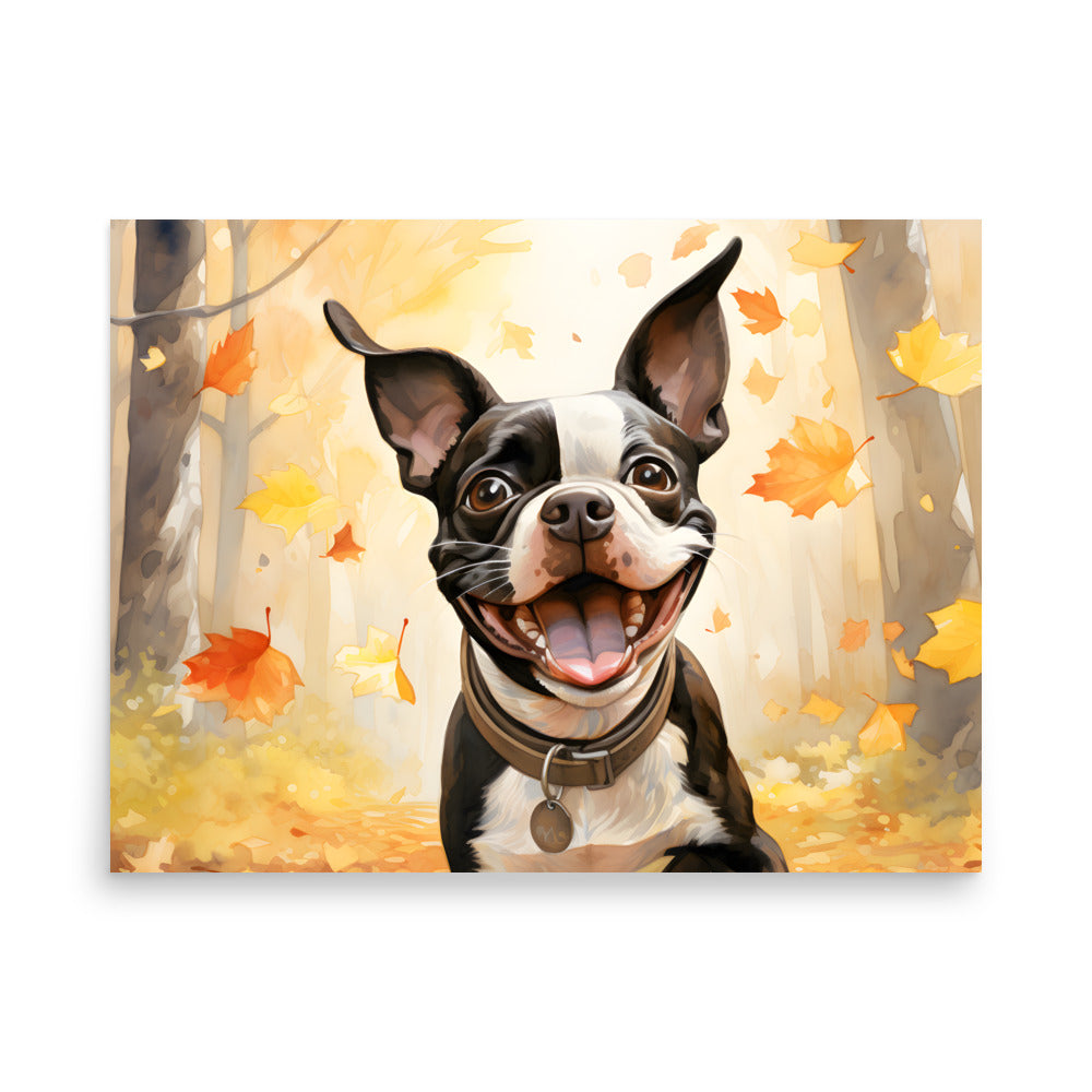 Cheerful Boston Terrier Dog Exploring A Park Watercolor Poster