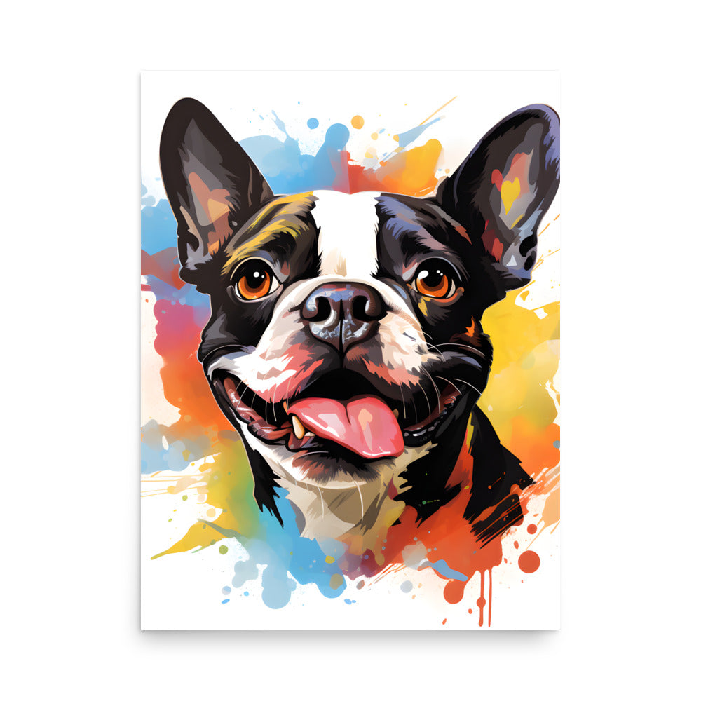Colorful Playful Boston Terrier Dog Splash Art Poster