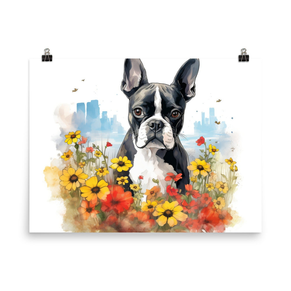 Boston Terrier Dog In A Garden Outside The City Poster