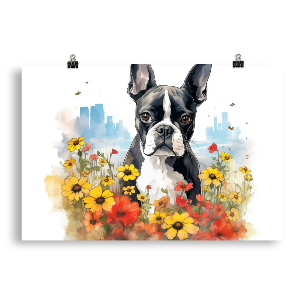 Boston Terrier Dog In A Garden Outside The City Poster