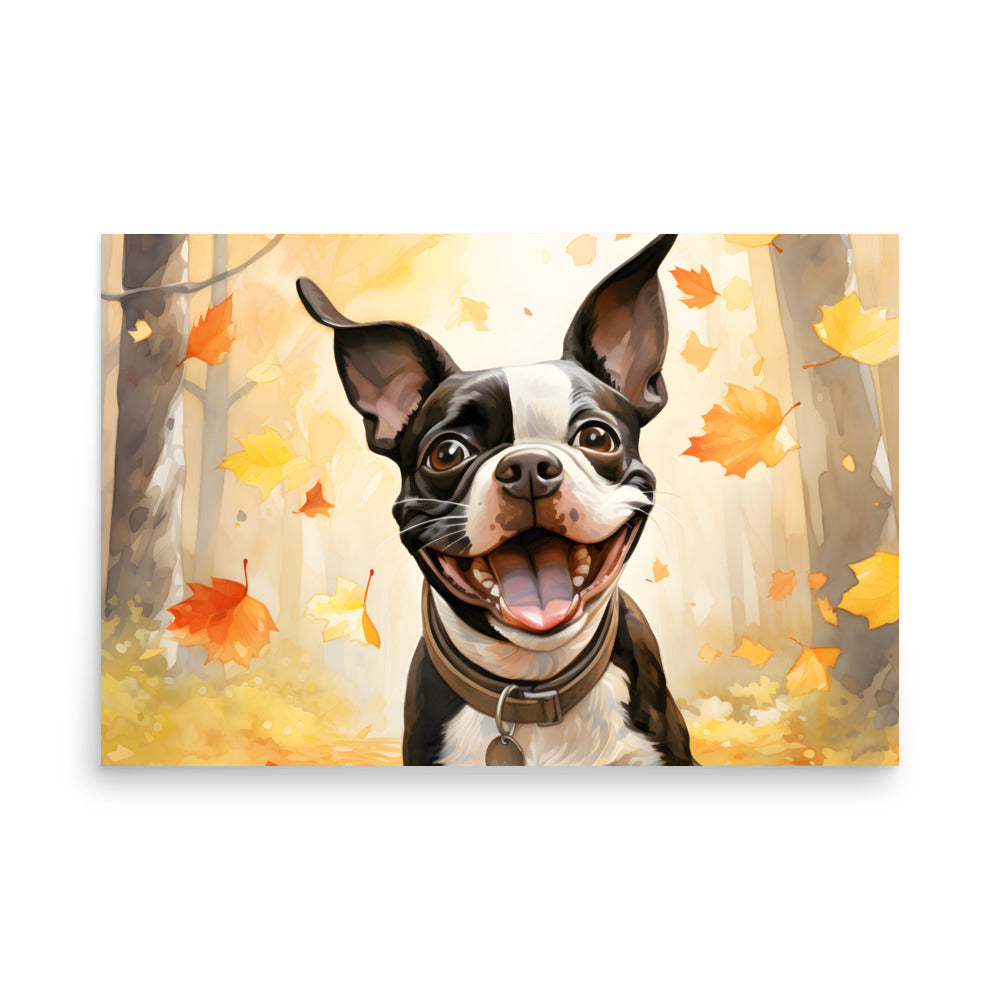 Cheerful Boston Terrier Dog Exploring A Park Watercolor Poster