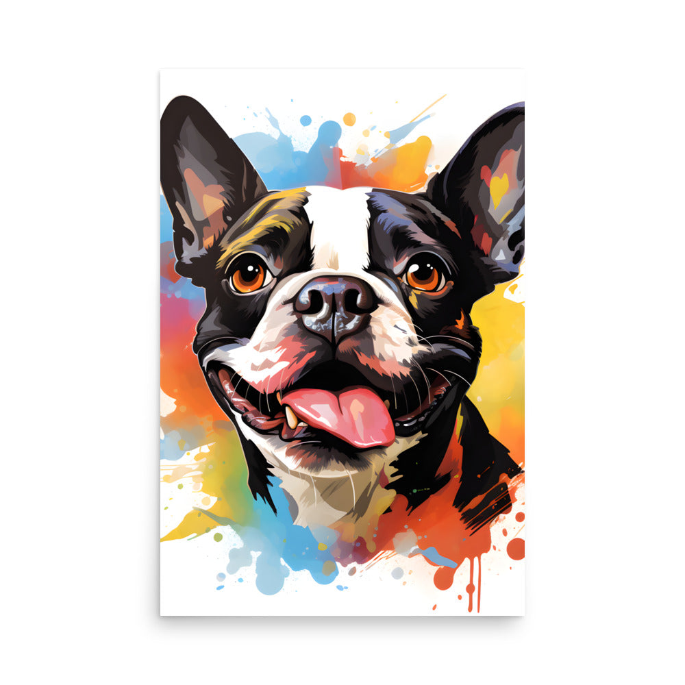 Colorful Playful Boston Terrier Dog Splash Art Poster