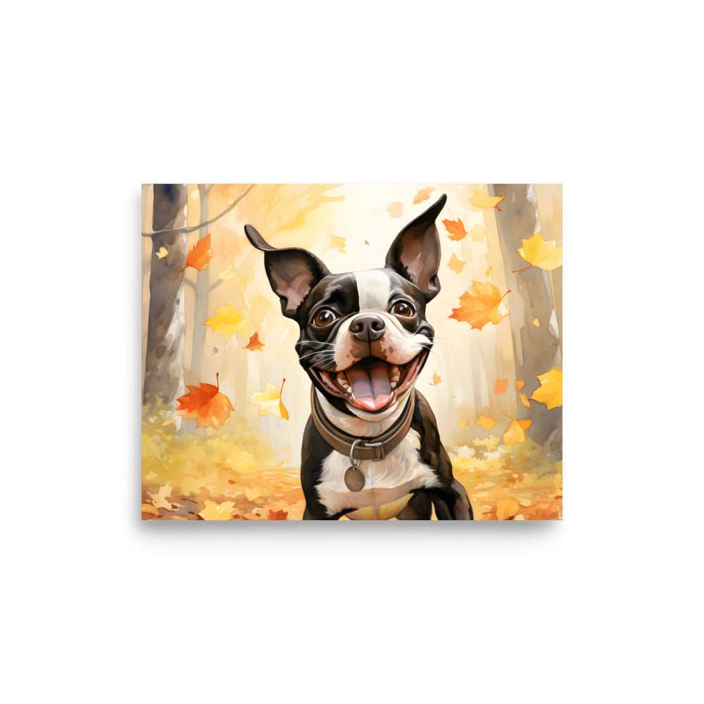Cheerful Boston Terrier Dog Exploring A Park Watercolor Poster