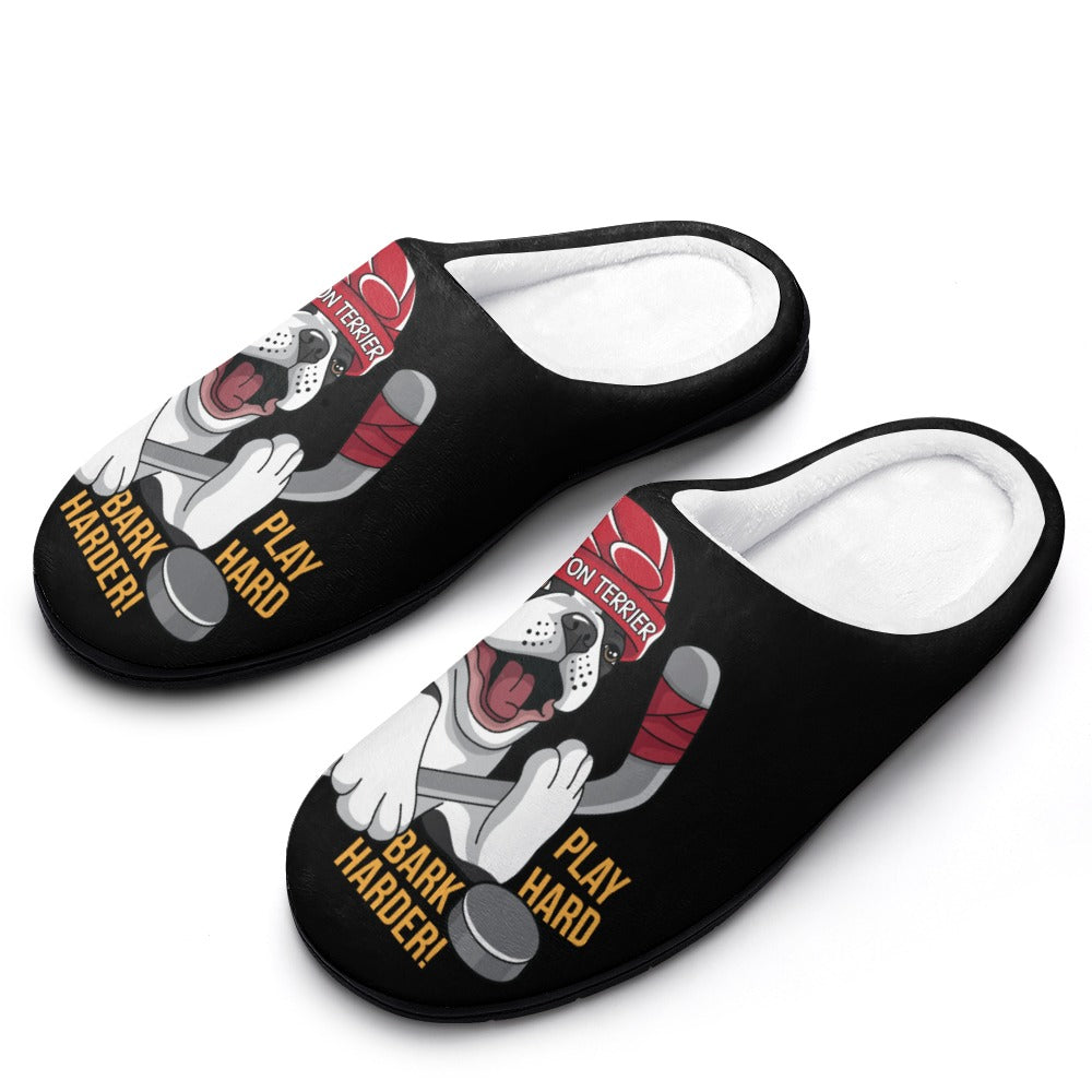 Hockey Boston Terrier Men's Cotton Slippers - Play Hard Bark Harder