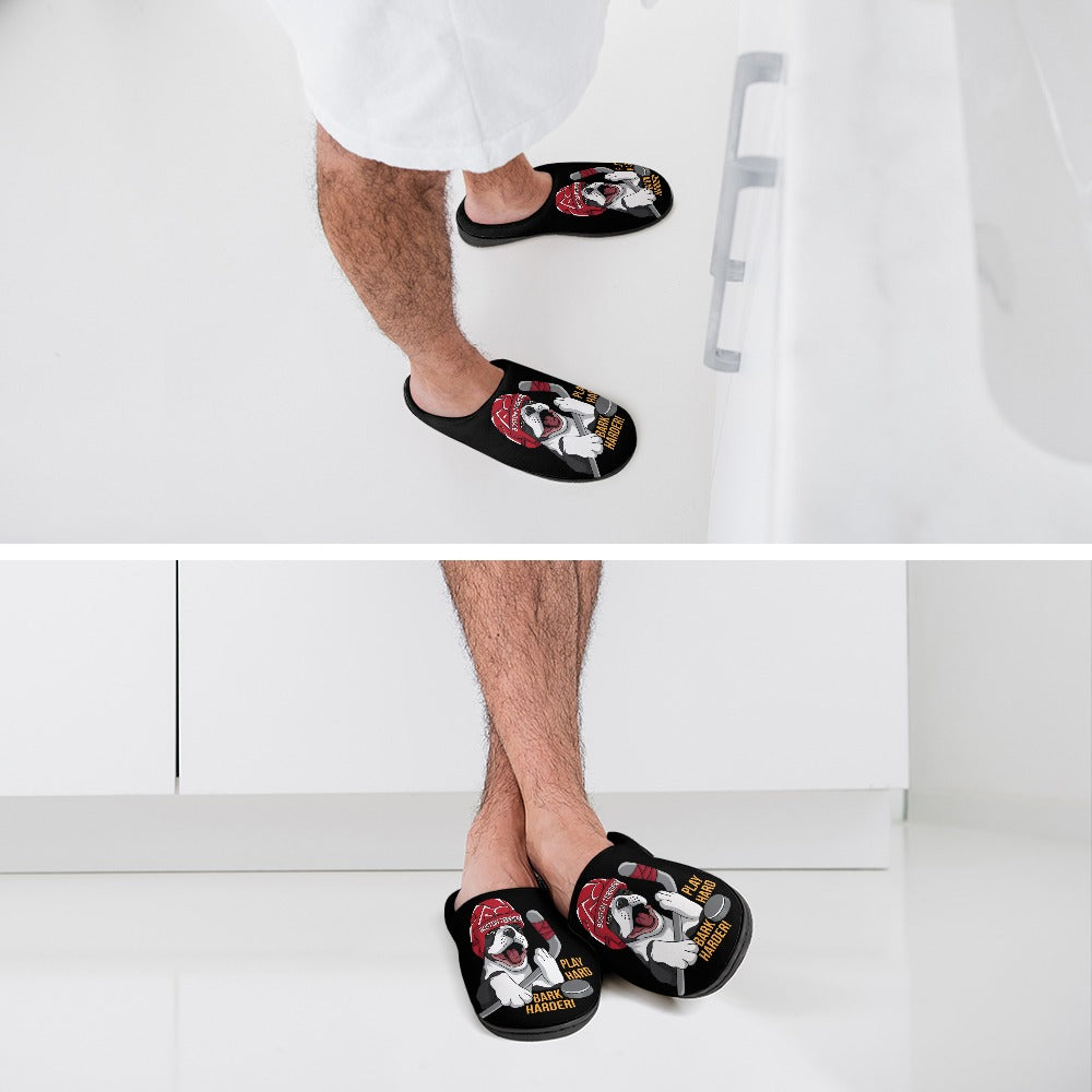 Hockey Boston Terrier Men's Cotton Slippers - Play Hard Bark Harder