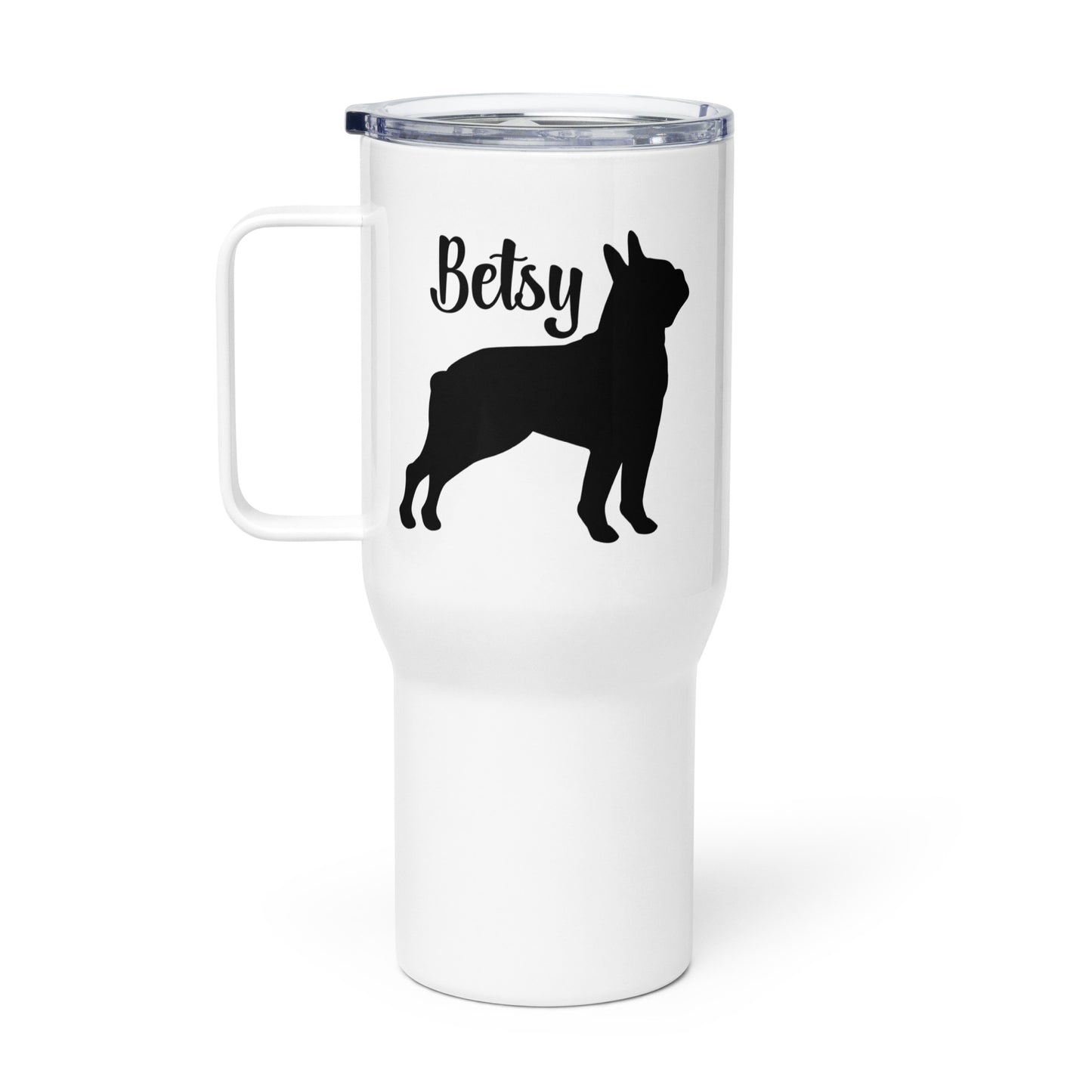 Custom Name with Boston Terrier Silhouette Travel Mug with a Handle
