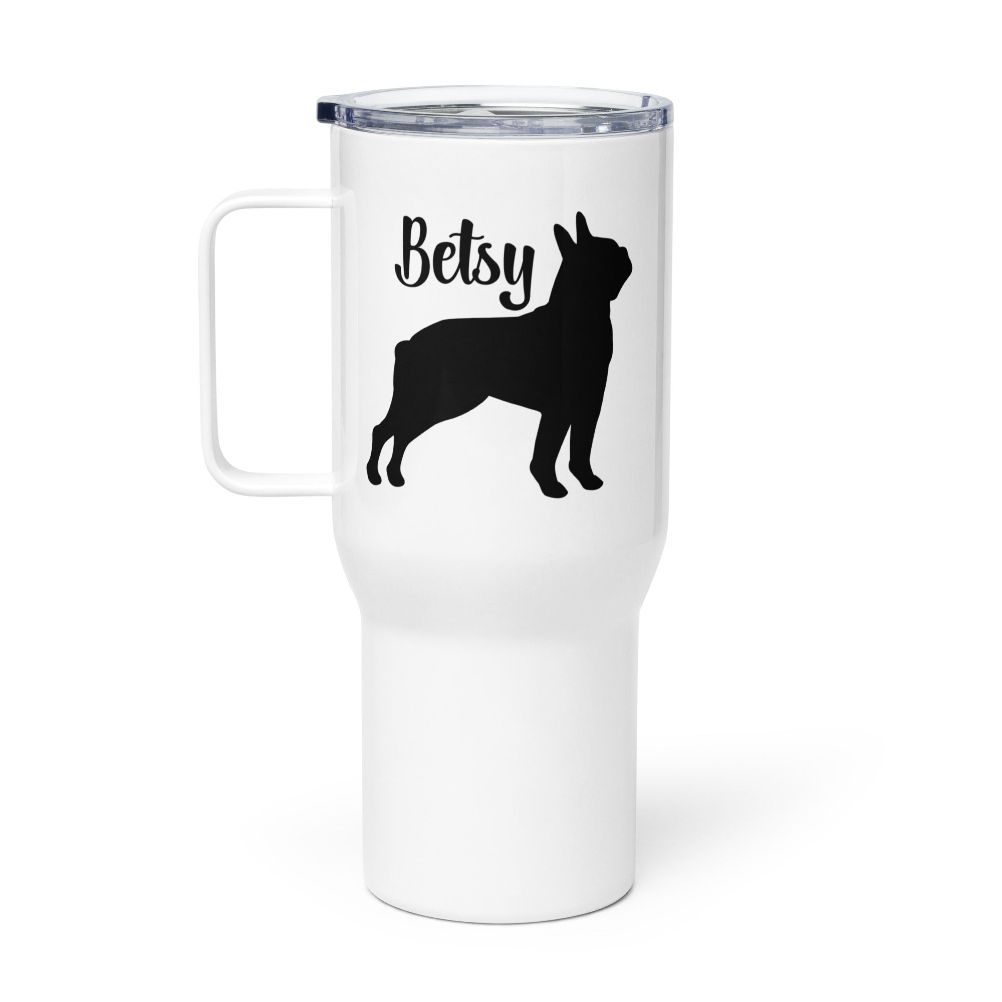 Custom Name with Boston Terrier Silhouette Travel Mug with a Handle