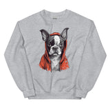 Boston Terrier in a Red Hoodie Sweatshirt