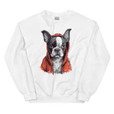 Boston Terrier in a Red Hoodie Sweatshirt