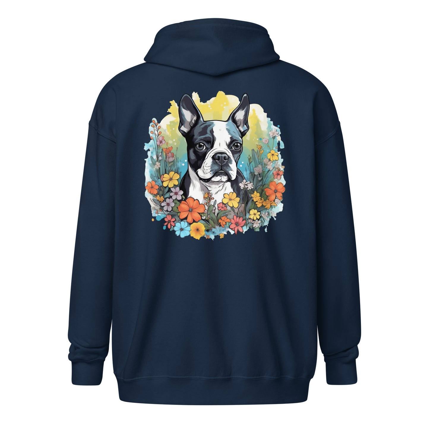 Boston Terrier Surrounded By Flowers Heavy Blend Zip Hoodie