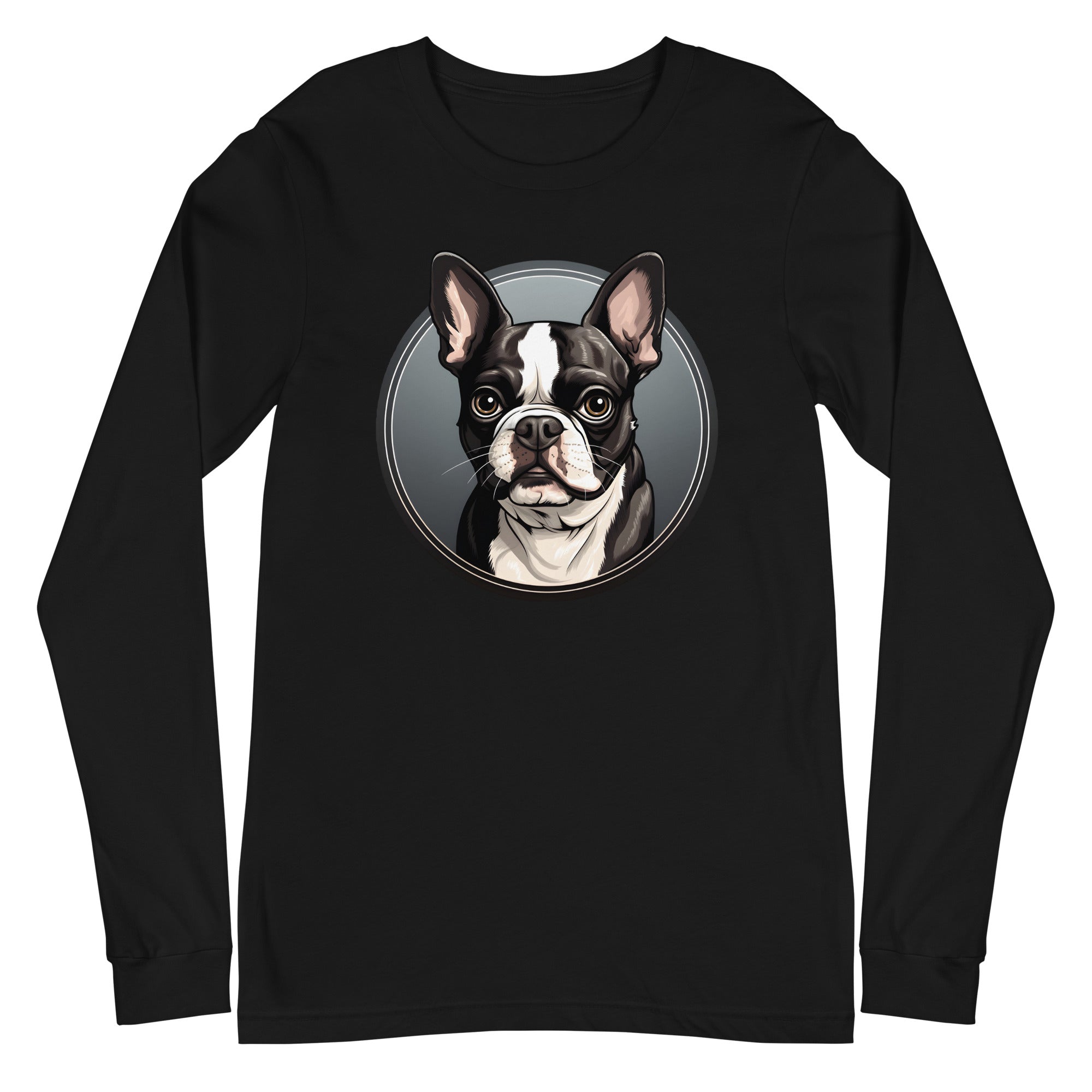 Cartoon Boston Terrier Dog Portrait Unisex Long Sleeve Tee