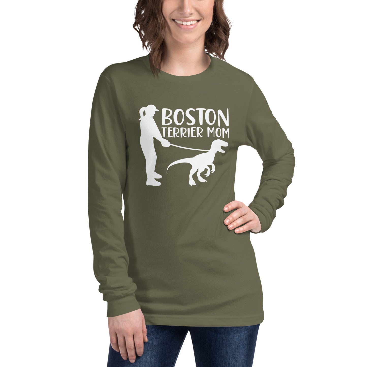 Boston Terrier Mom Dinosaur Long Sleeve Tee
