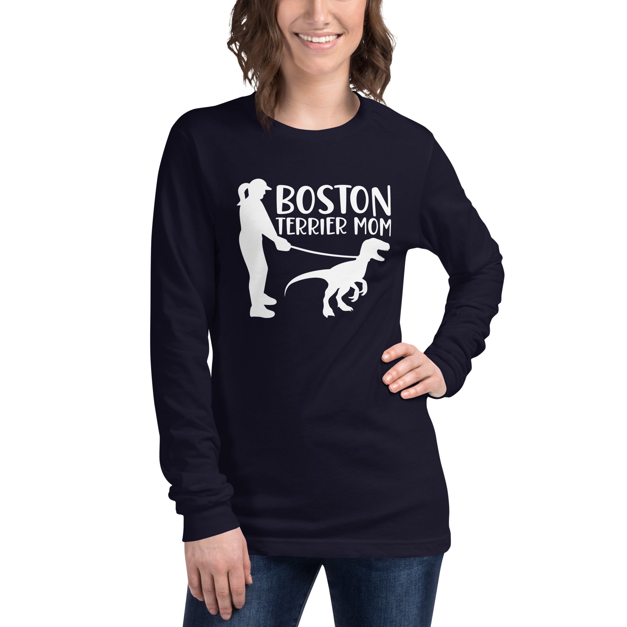 Boston Terrier Mom Dinosaur Long Sleeve Tee