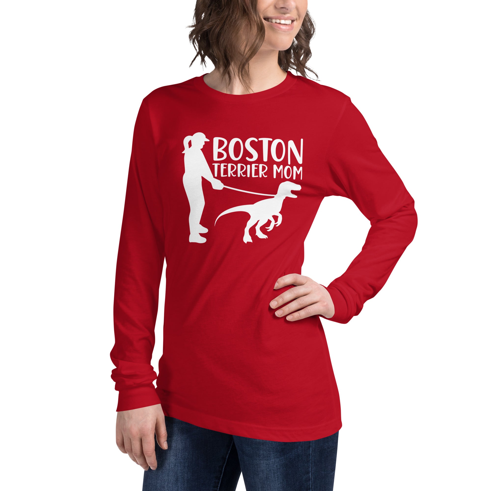 Boston Terrier Mom Dinosaur Long Sleeve Tee
