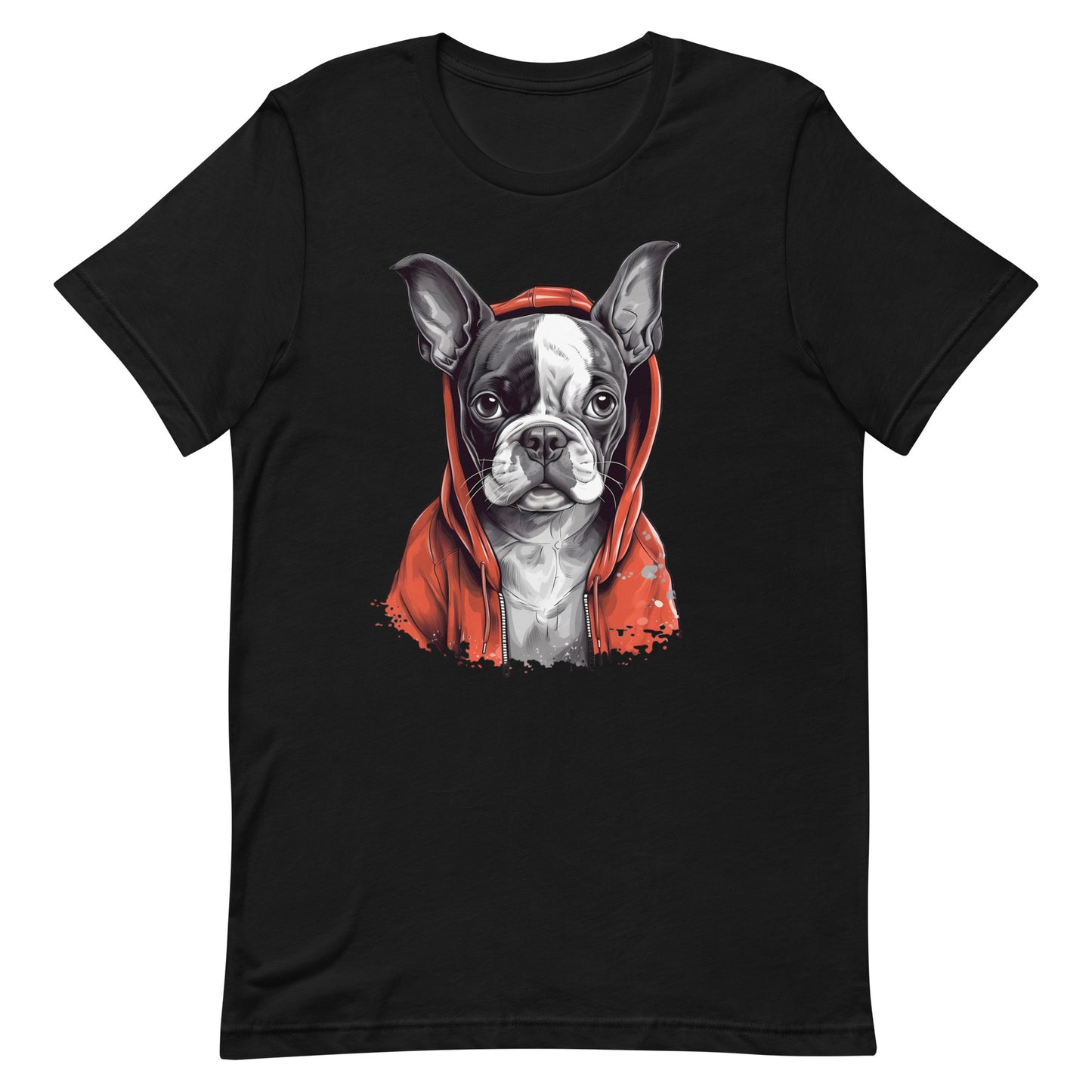 Boston Terrier in a Red Hoodie T-Shirt
