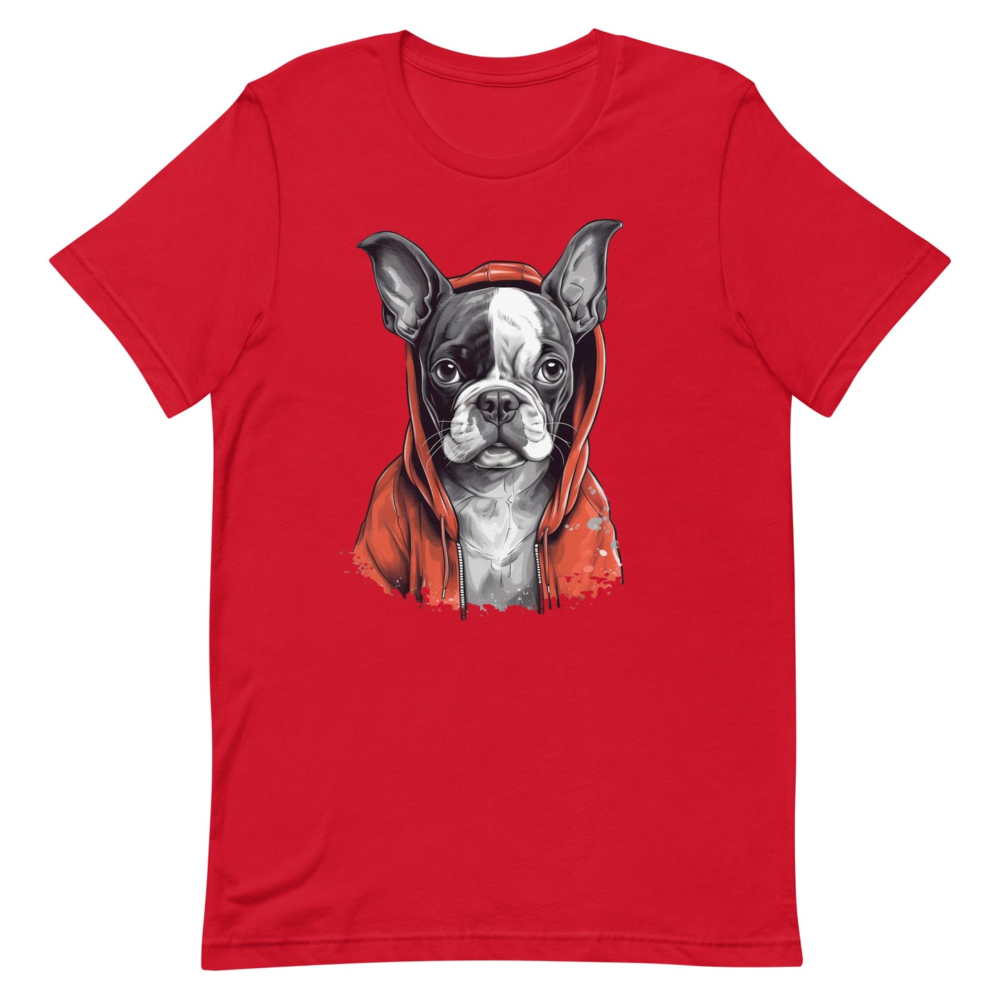 Boston Terrier in a Red Hoodie T-Shirt