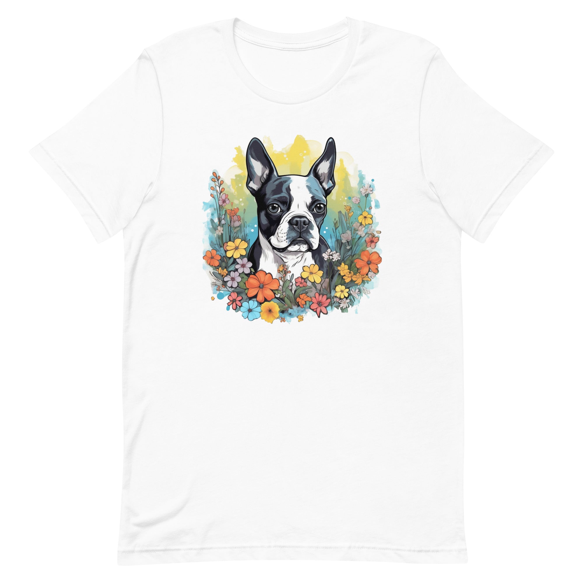 Boston Terrier Surrounded By Flowers T-Shirt