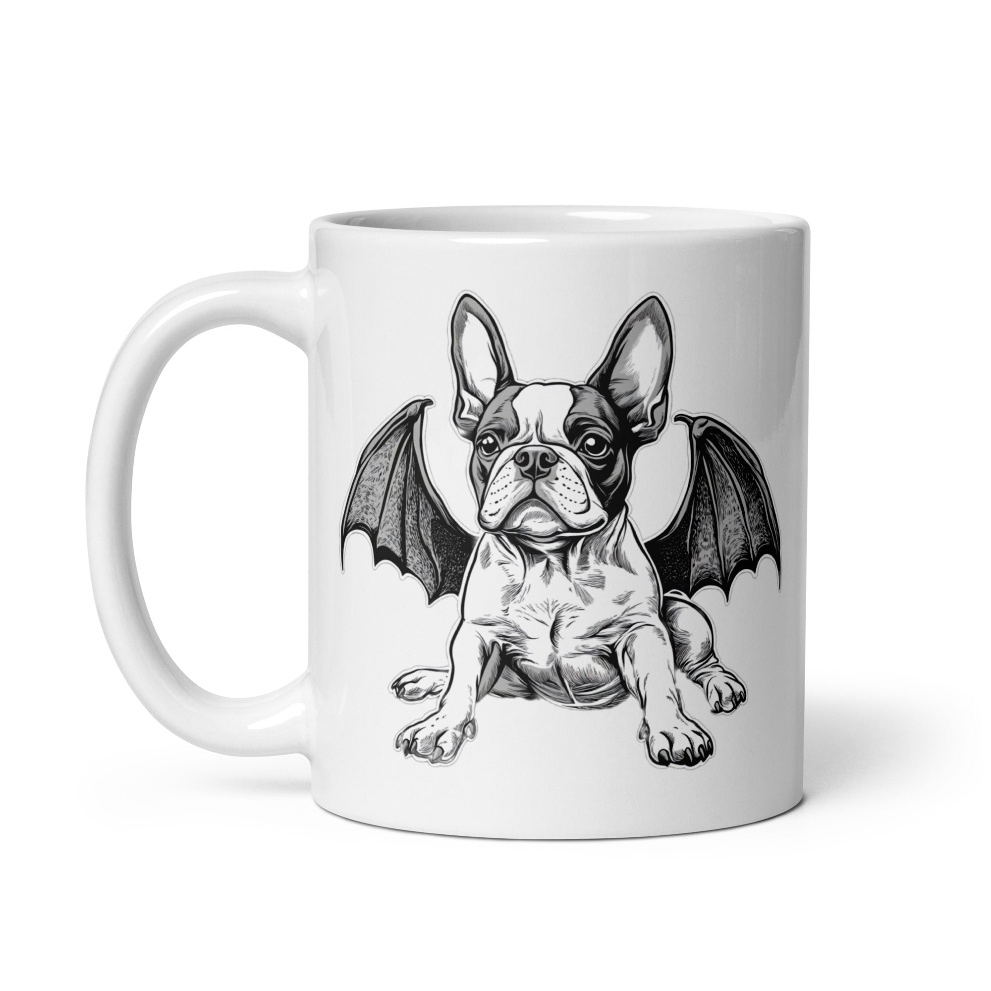 Bat-Winged Boston Terrier Dog White Glossy Mug