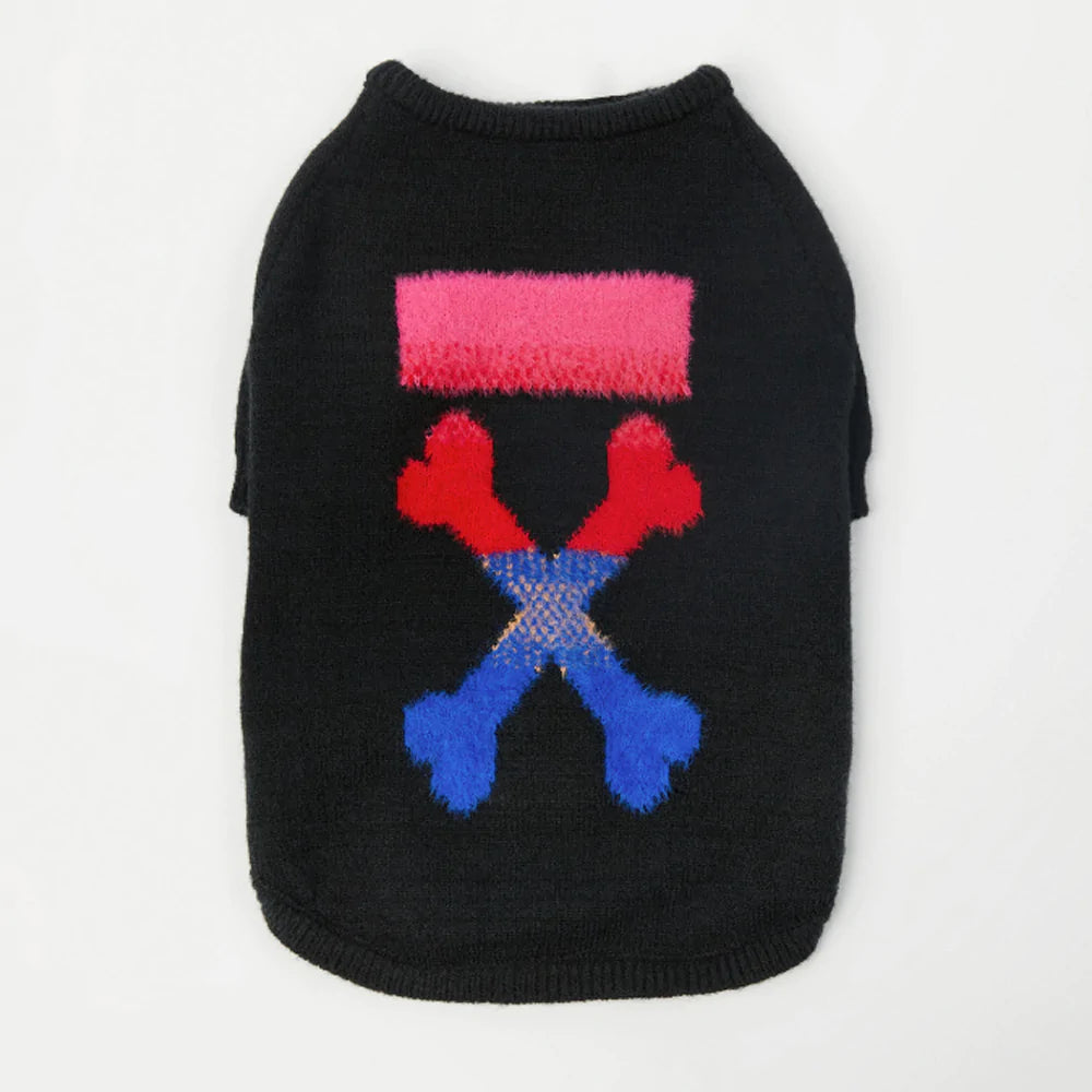 Knitted Pullover Woof Dog Sweater - Black and Red