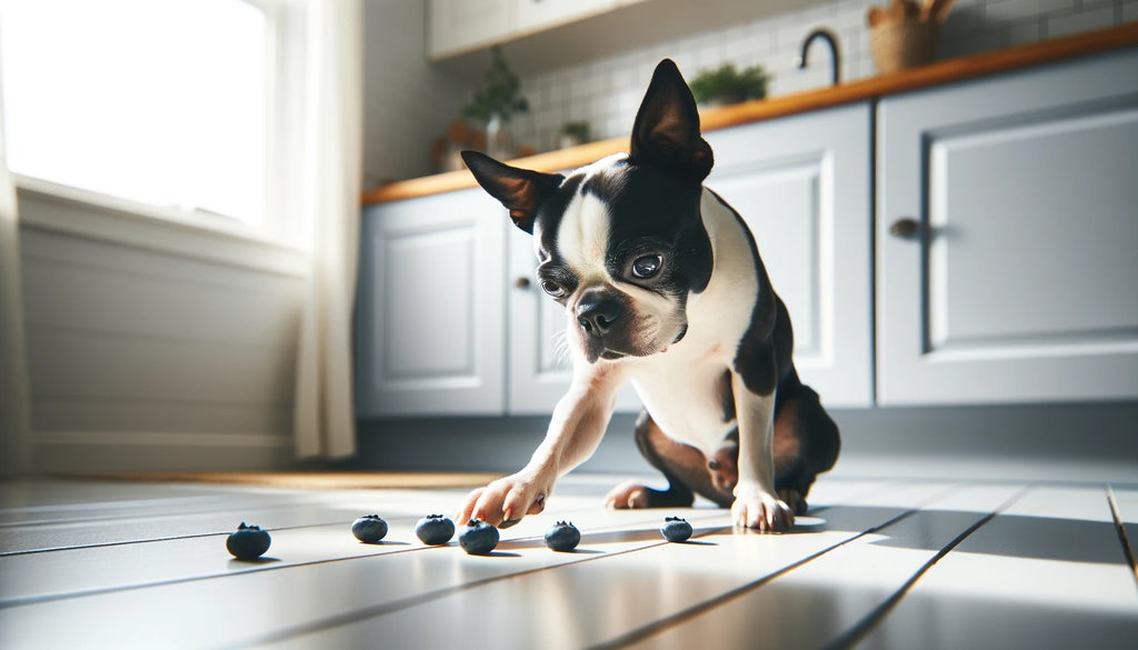 A picture of a Boston Terrier looking at a few blueberries