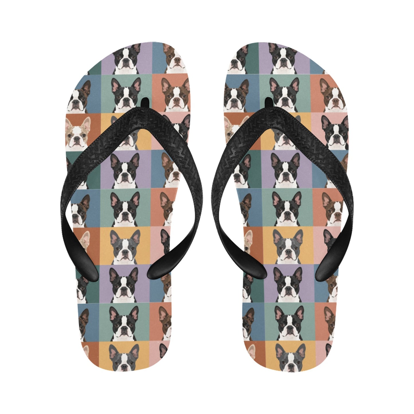 Pop Art Style Colored Boston Terriers Modern Tiles Pattern Unisex Flip Flops .