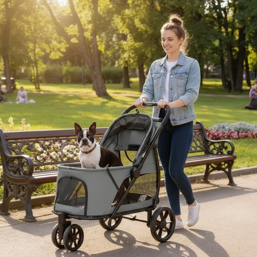 Foldable Dog Stroller with Canopy & Storage Basket for Small to Medium Dogs .