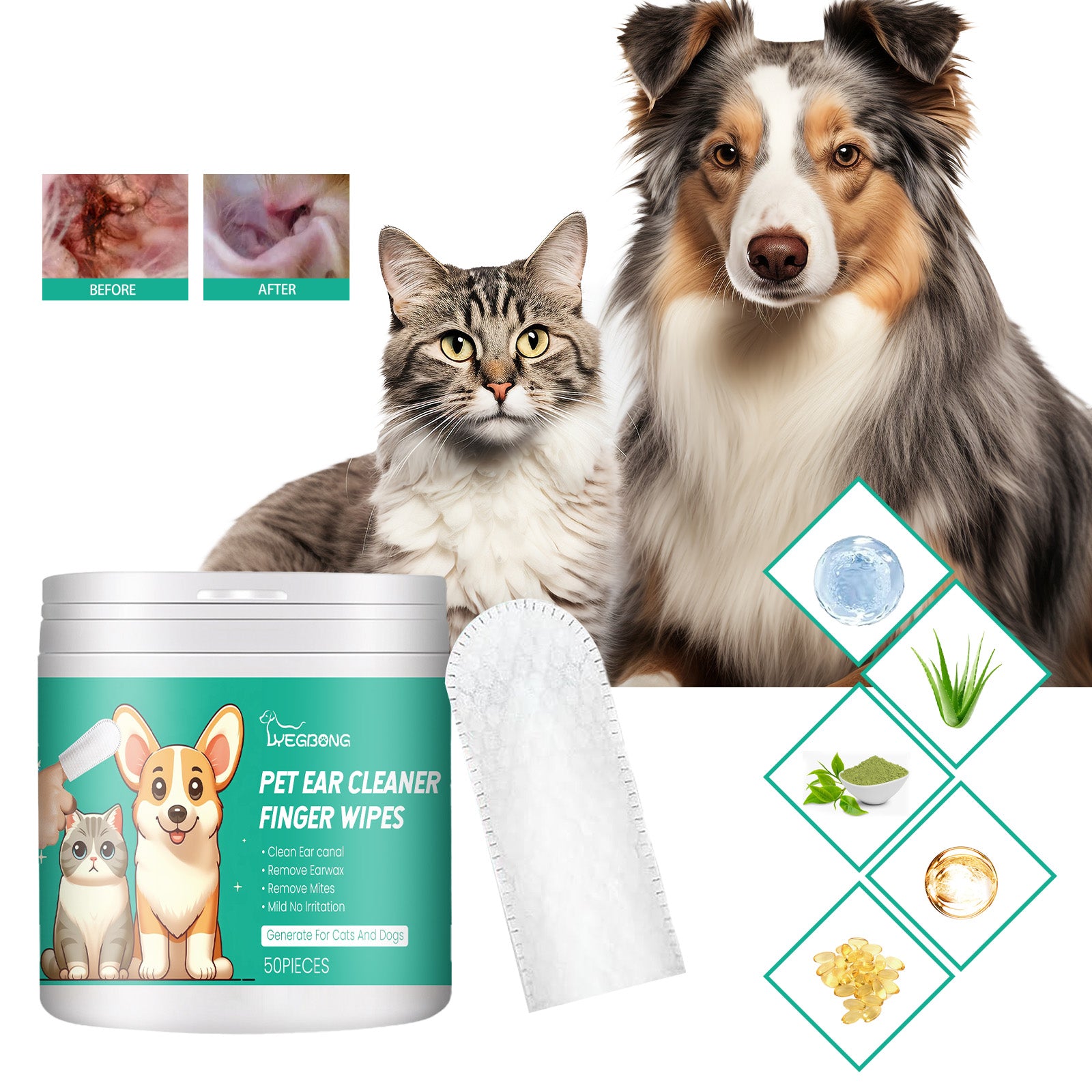 Pet Ear Cleaner Finger Wipes, Gently Clean Pet Ear Mites Ear Dirt Eye Dirt Feet Deodorize To Remove Odor
