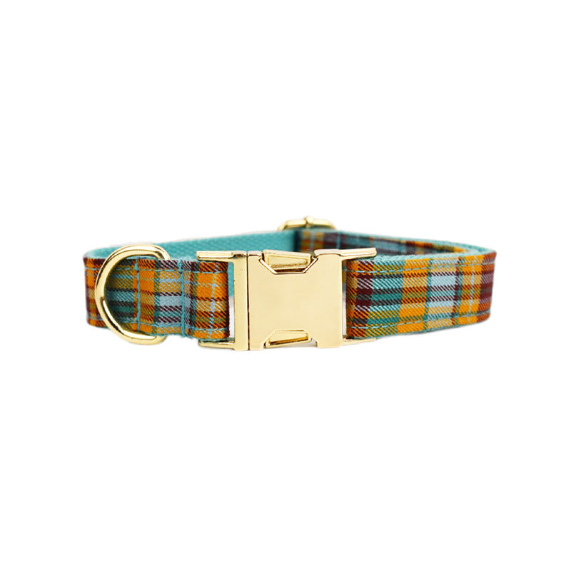 Yellow Blue Red Plaid Dog Collar With Bow Tie And Leash