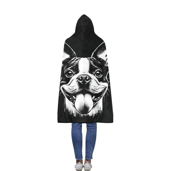 Grungy Boston Terrier Tongue Out Flannel Hooded Blanket 50