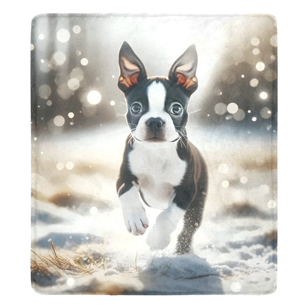 Boston Terrier Puppy Snowy Adventure Ultra-Soft Micro Fleece Blanket