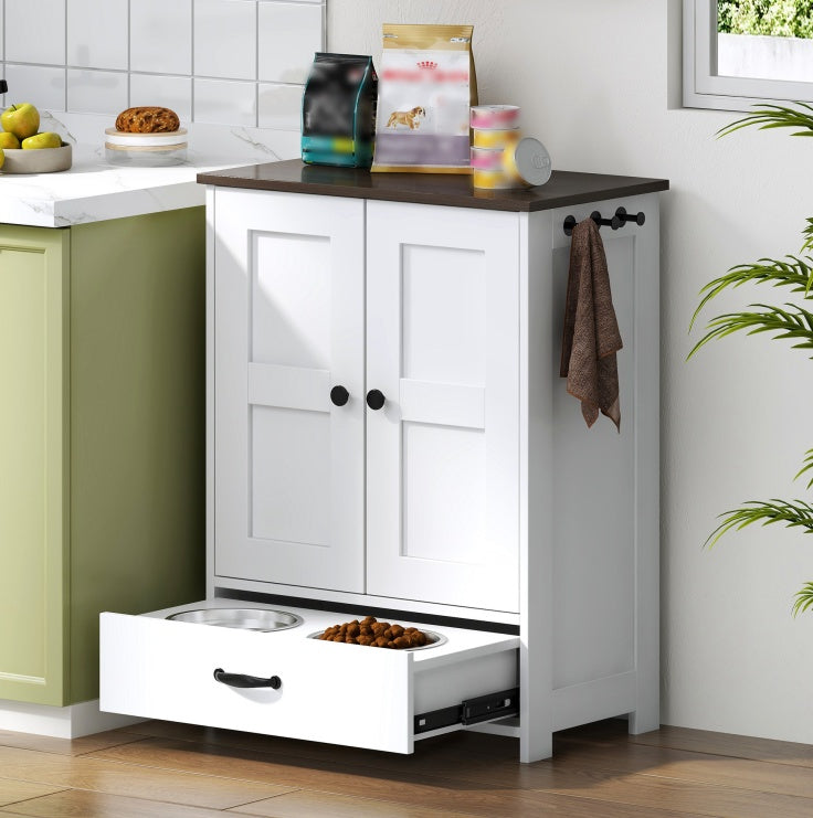 Dog Food Storage Cabinet With Hidden Dog Bowls, Adjustable Panel, Hooks, For Medium Sized Dogs, White