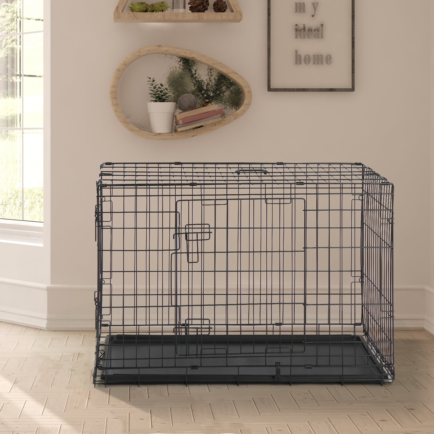 Metal Wire Foldable Dog Crate With Divider Plastic Tray - 42 Inches - Black