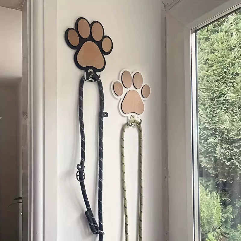 Paw Print Wooden Dog Leash Holder Wall Hook – Rustic Pet Collar & Coat Organizer, Paw Design Hanger Gift for Dog Lovers