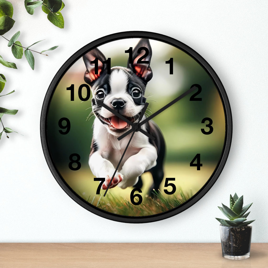 Playful Boston Terrier Puppy Wall Clock