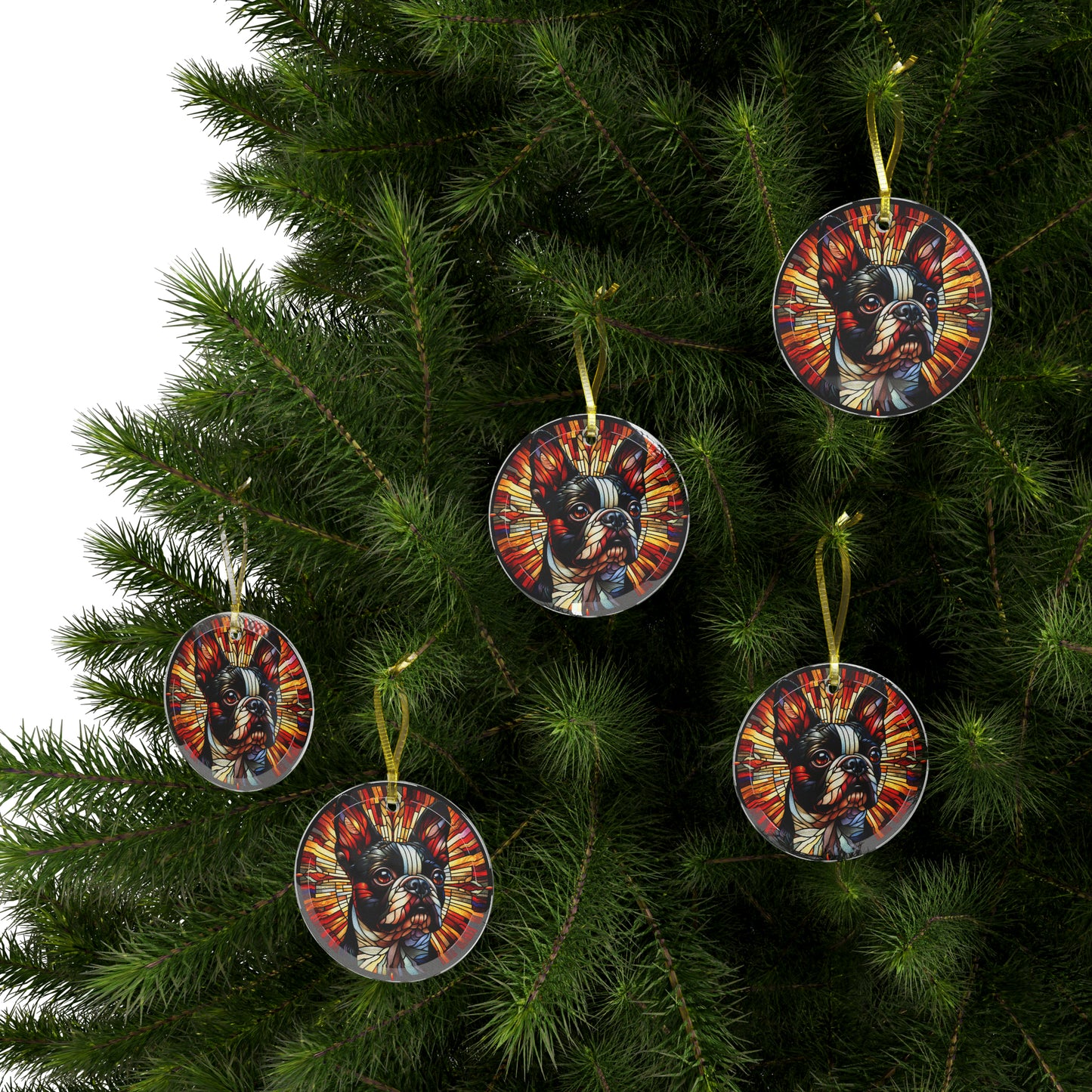 Colorful Geometric Boston Terrier Stained Glass Ornaments - Red and Warm
