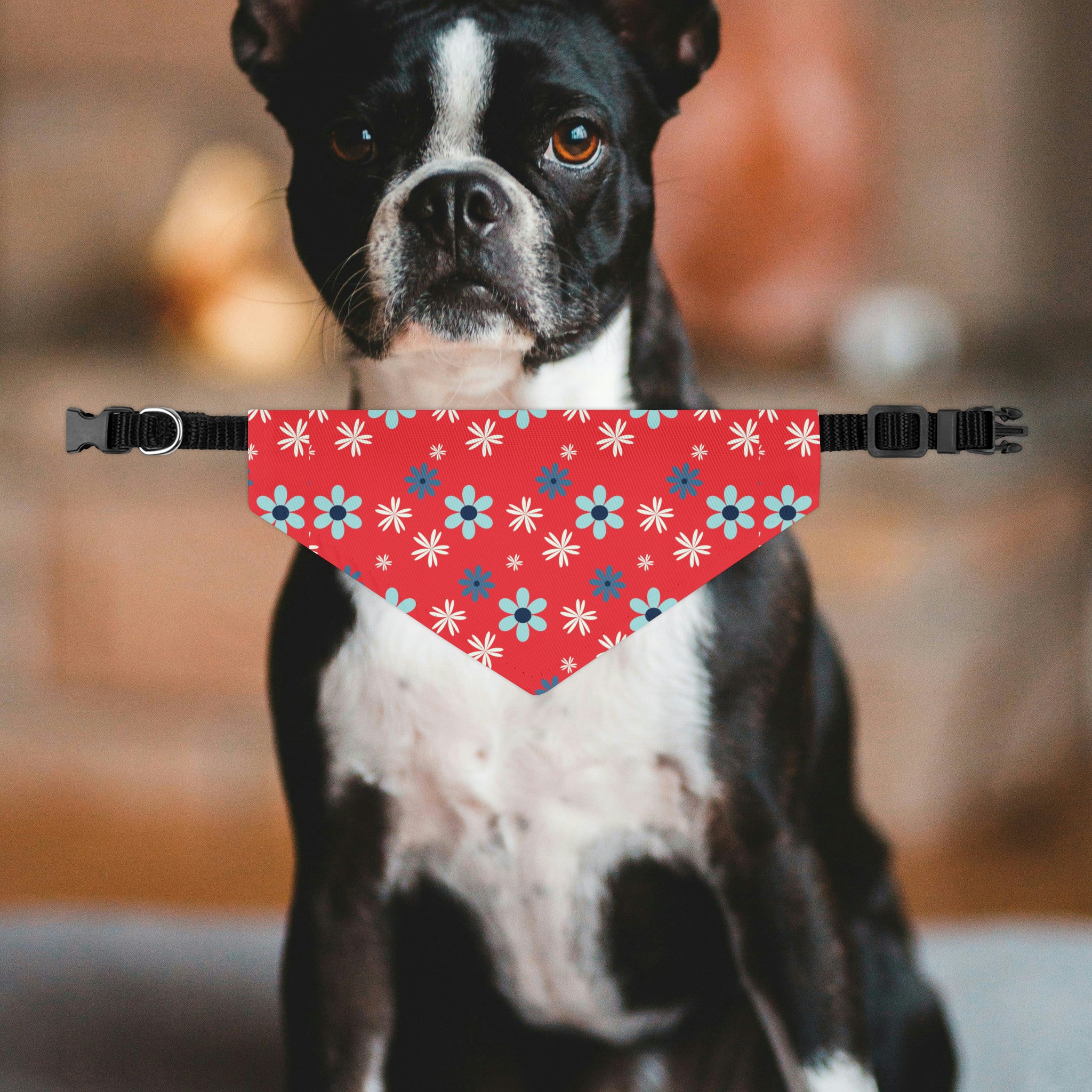 Red Blue Flowers Dog Bandana Collar