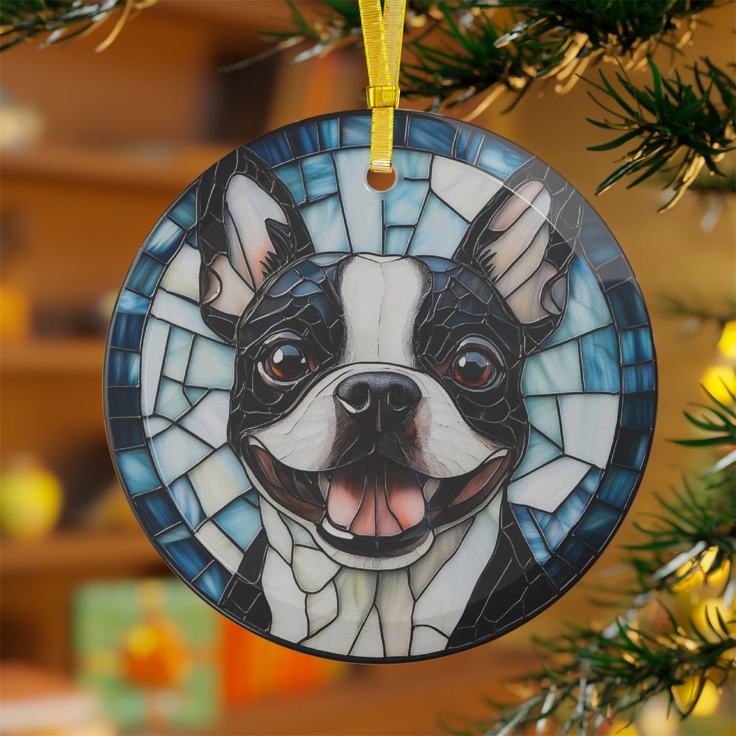 Colorful Geometric Boston Terrier Stained Glass Ornaments - Blue and Joyful