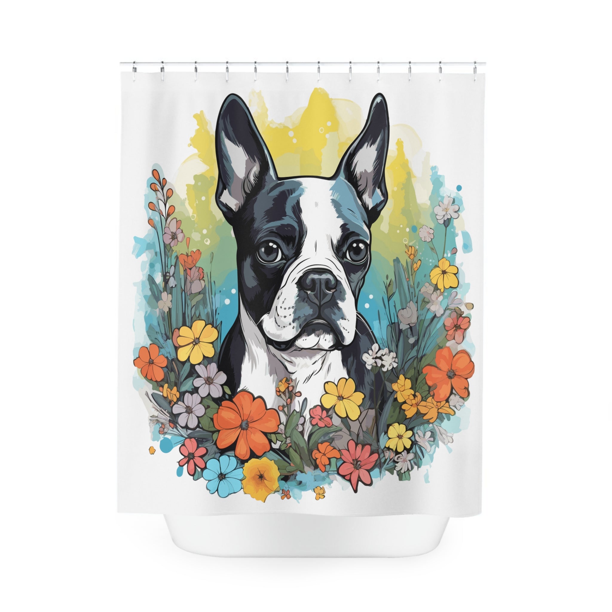 Boston Terrier Surrounded By Flowers Polyester Shower Curtain