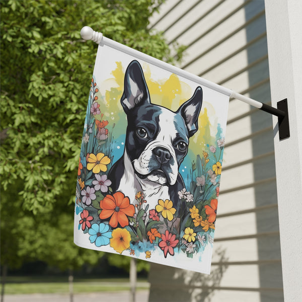 Boston Terrier Surrounded By Flowers Garden & House Banner