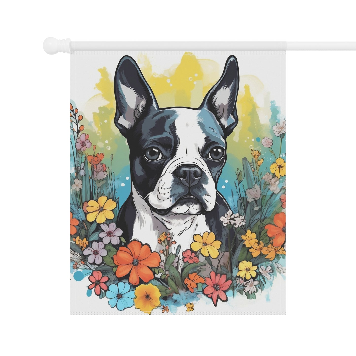 Boston Terrier Surrounded By Flowers Garden & House Banner